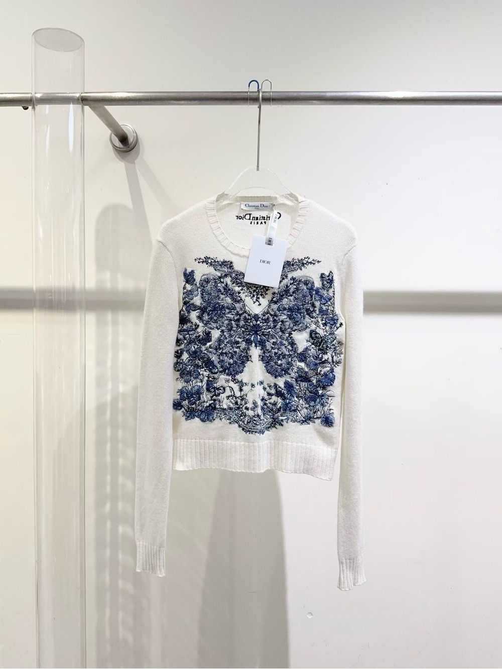 Dior Cream Crewneck Sweater with Blue Floral Motif